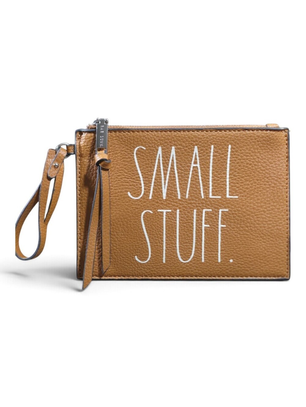 Rae Dunn Small Stuff Tan Faux Leather Wristlet Zip Pouch Like NEW